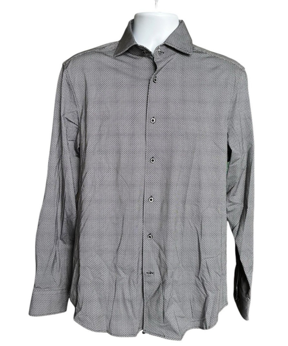 New Bugatchi Long Sleeve Button Down Stretch Black White Geometric Shirt Medium